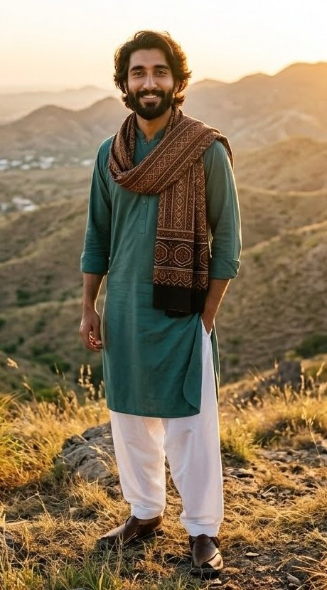 Malik, who writes as Howdy, standing on a hillside at sunset in a green kurta and patterned scarf