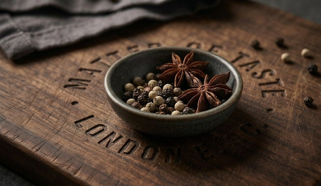 A dark carved wooden board reading Matter of Taste, with a stone bowl of star anise and black and white peppercorns